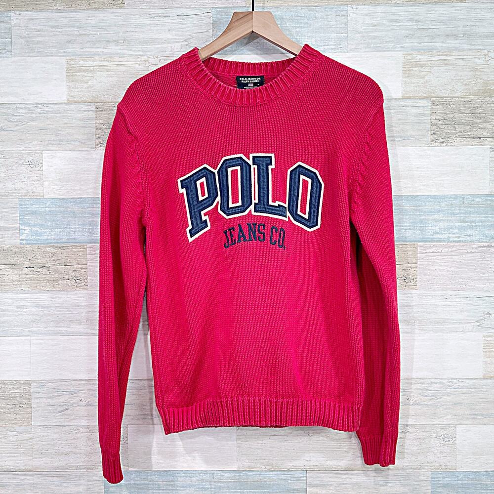 POLO Ralph Lauren Sport Vintage 90s Logo Chunky Knit Sweater Red Womens Medium